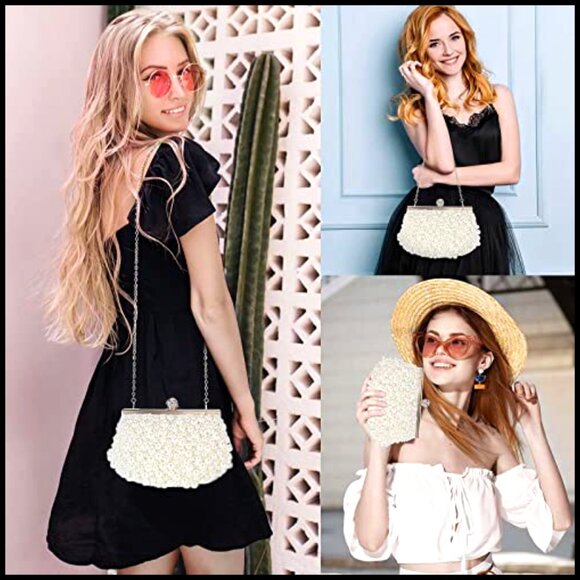 Elegant Pearl Beaded Evening Clutch Purse with Removable Chains Formal Party